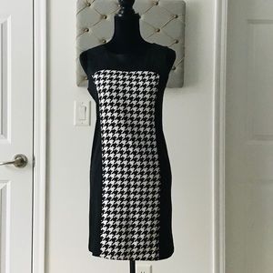 Faux suede and black and white houndstooth dress.
